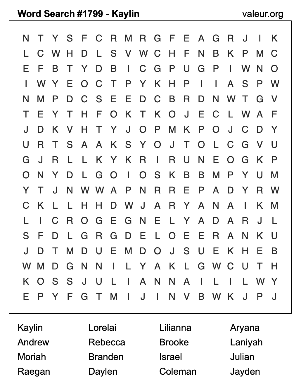 Word Search Puzzle with the name Kaylin #1799