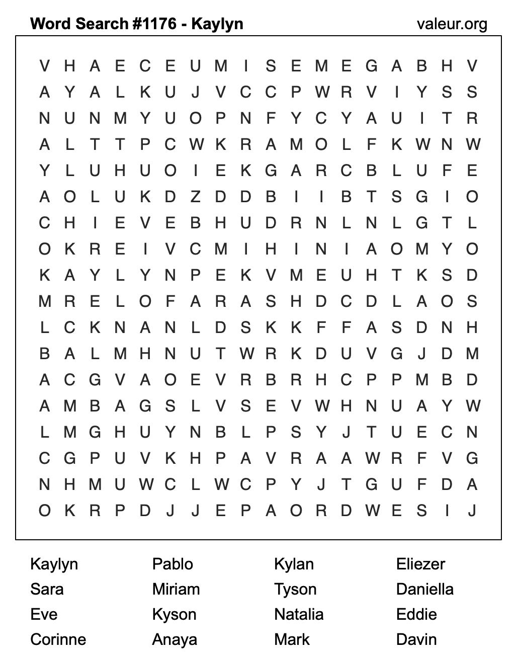 Word Search Puzzle with the name Kaylyn #1176