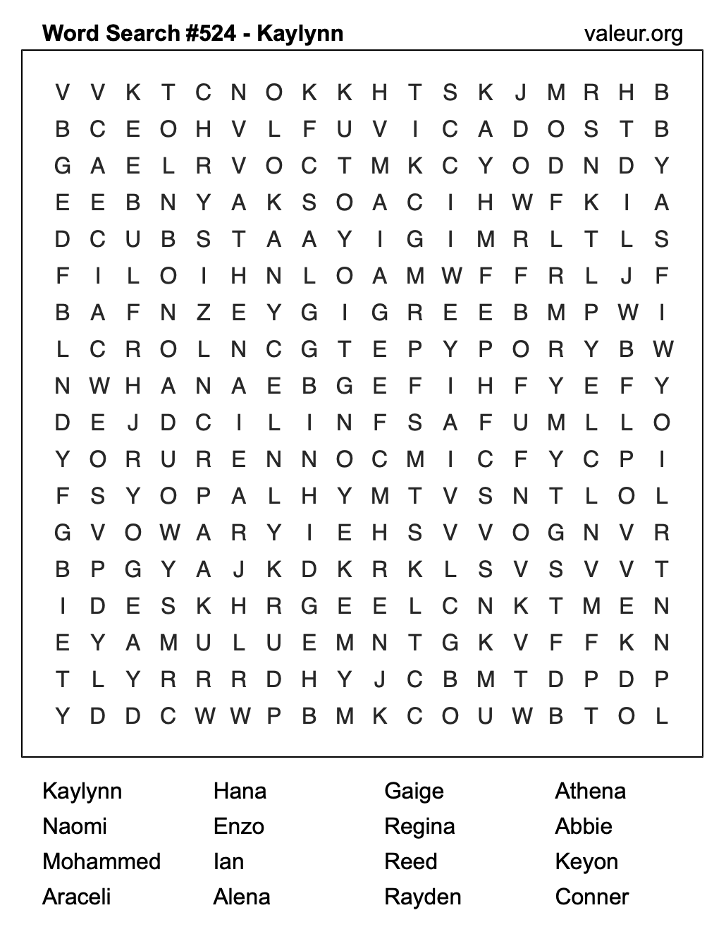 Word Search Puzzle with the name Kaylynn #524 Word Search Puzzle with the name Kaylynn #524