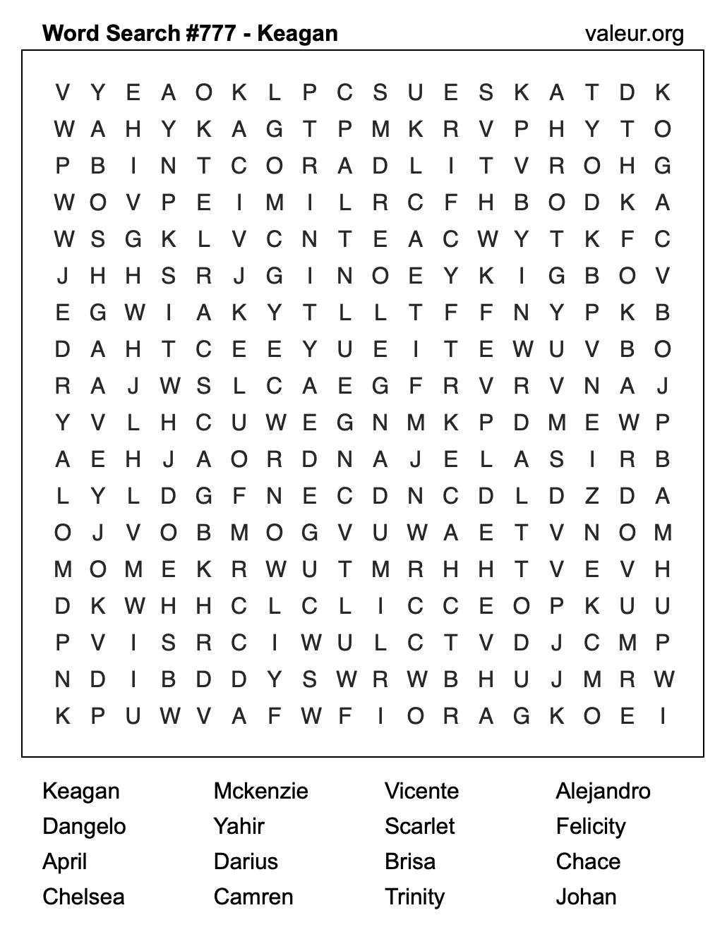 Word Search Puzzle with the name Keagan #777 Word Search Puzzle with the name Keagan #777