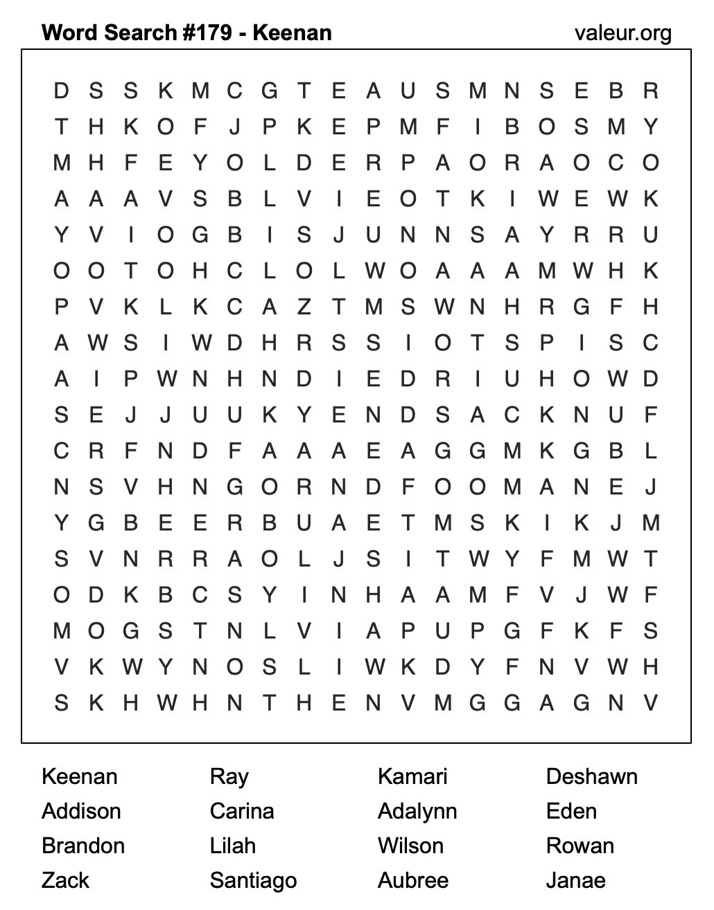 Word Search Puzzle with the name Keenan #179