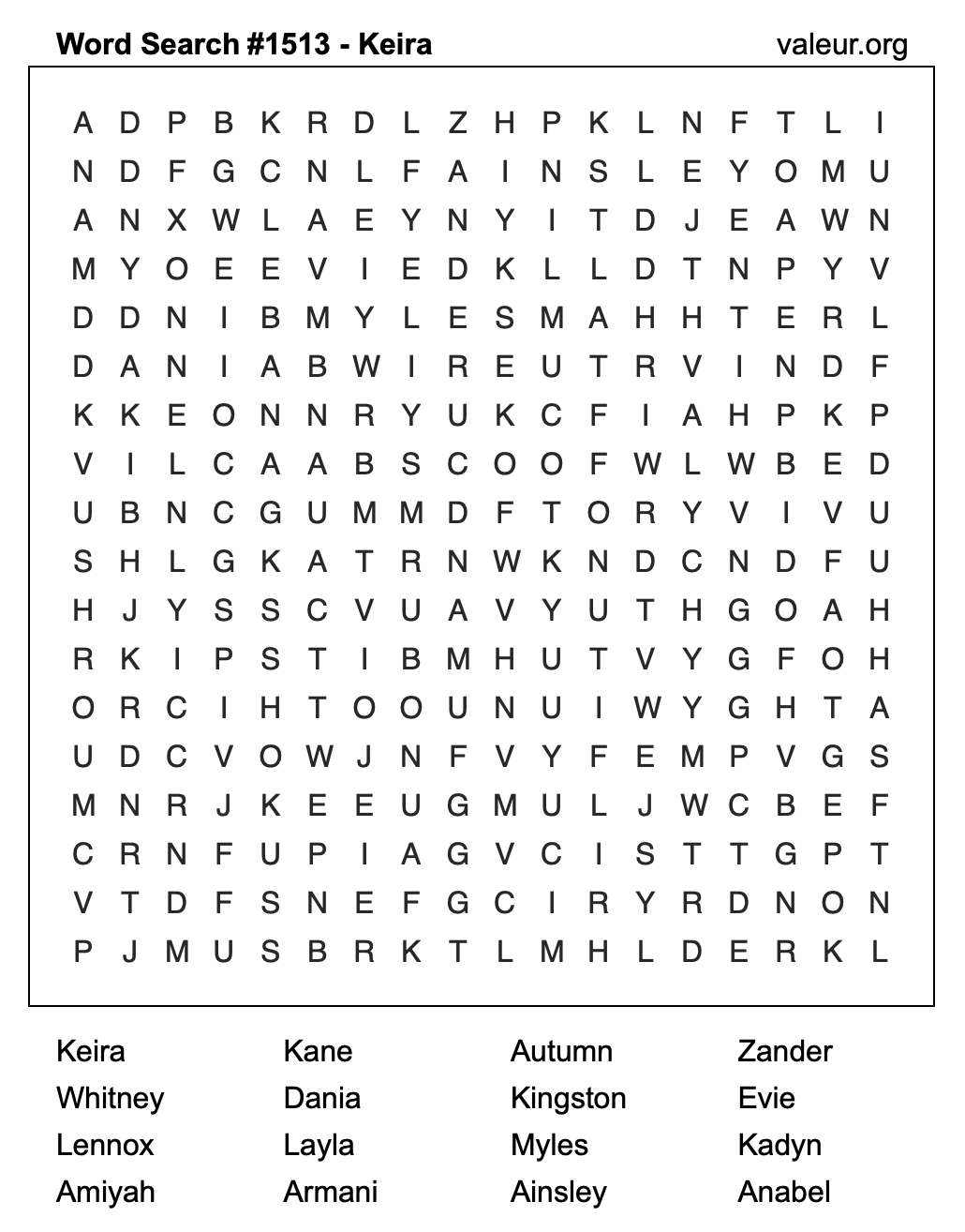 Word Search Puzzle with the name Keira #1513 Word Search Puzzle with the name Keira #1513