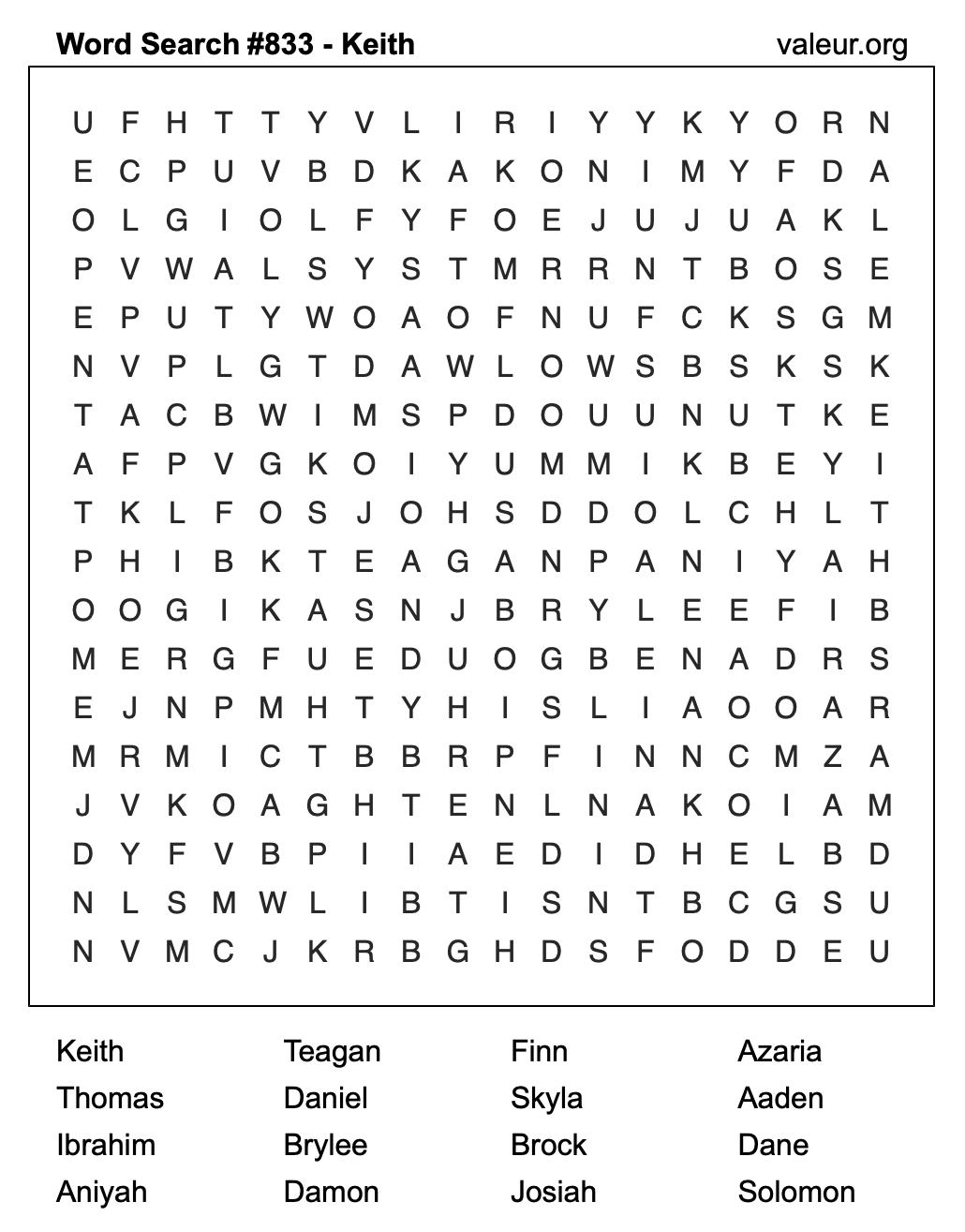 Word Search Puzzle with the name Keith #833