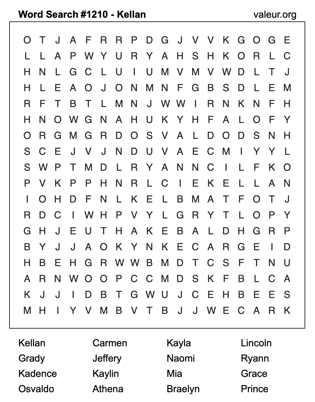 Word Search Puzzle with the name Kellan #1210