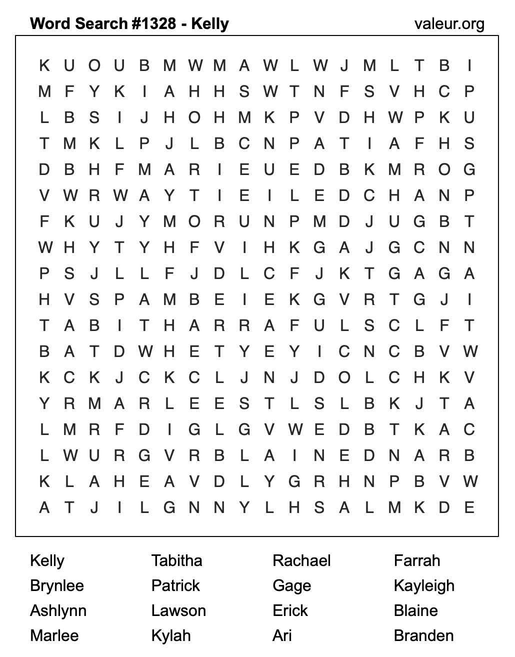 Word Search Puzzle with the name Kelly #1328