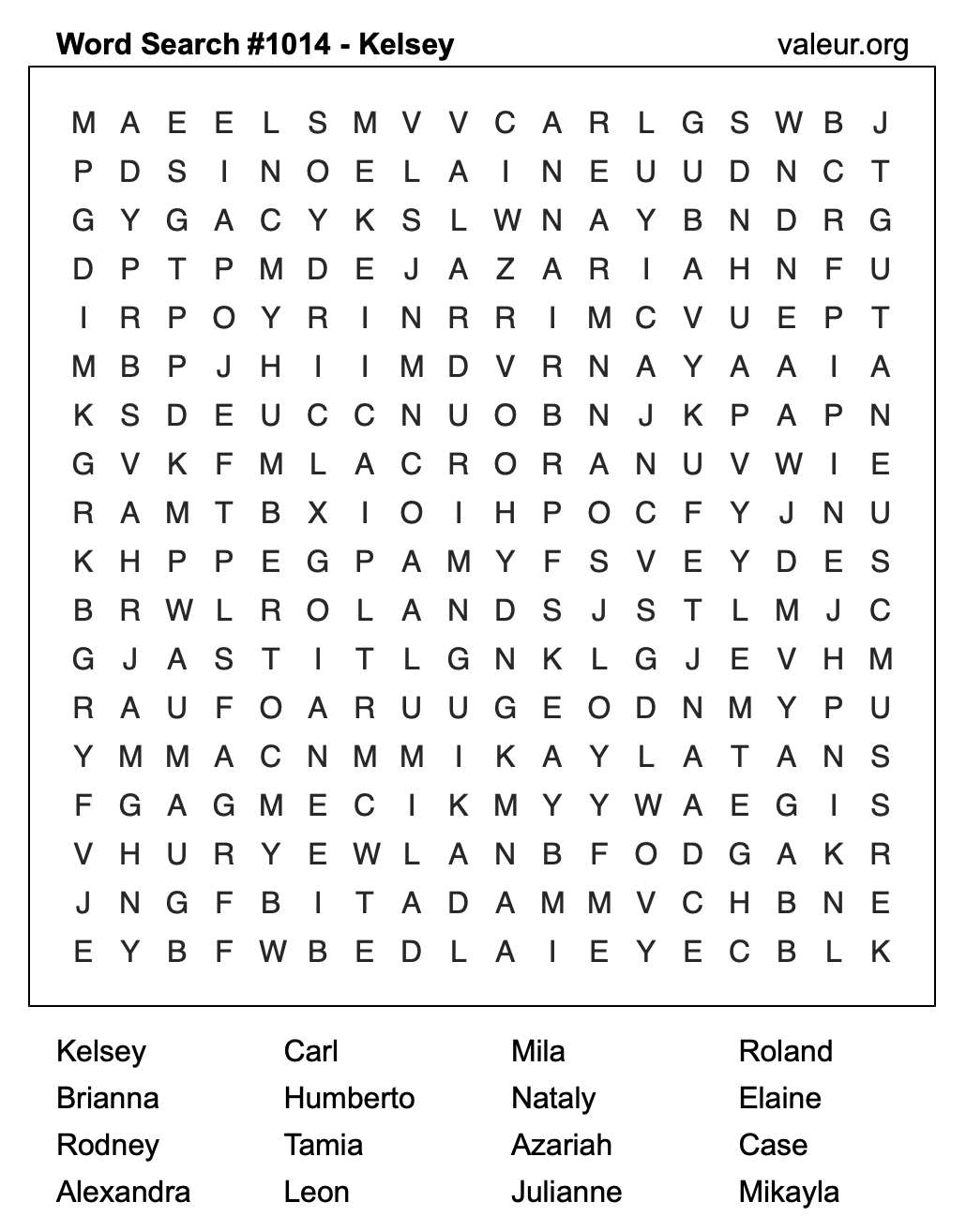 Word Search Puzzle with the name Kelsey #1014