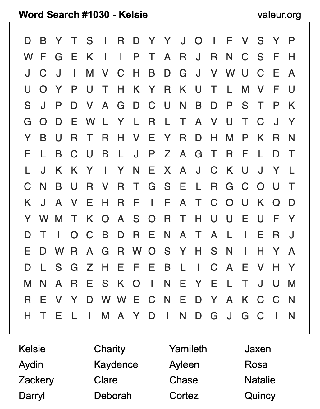 Word Search Puzzle with the name Kelsie #1030