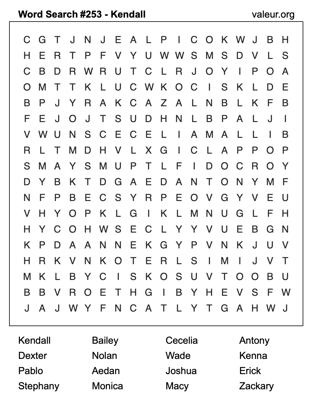 Word Search Puzzle with the name Kendall #253