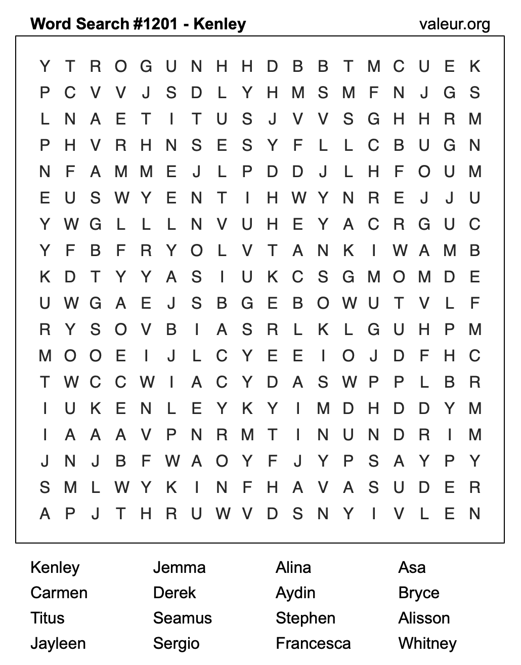Word Search Puzzle with the name Kenley #1201 Word Search Puzzle with the name Kenley #1201