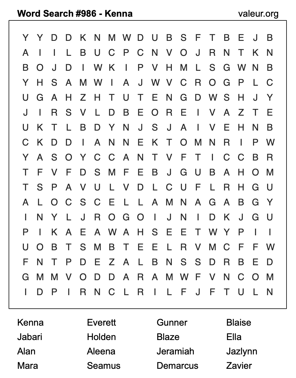 Word Search Puzzle with the name Kenna #986