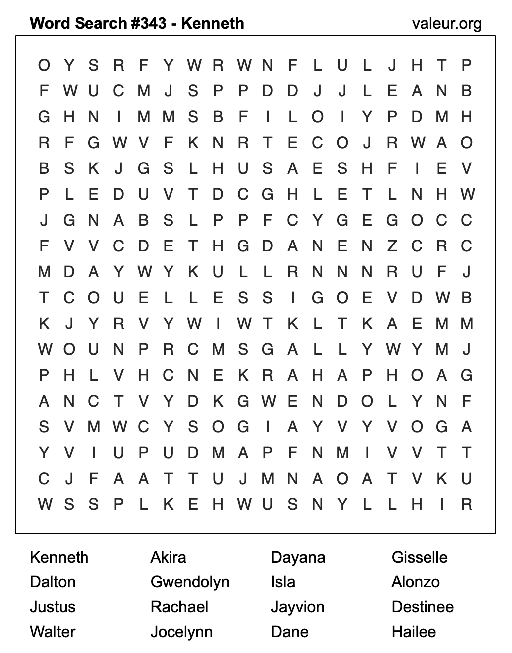 Word Search Puzzle with the name Kenneth #343