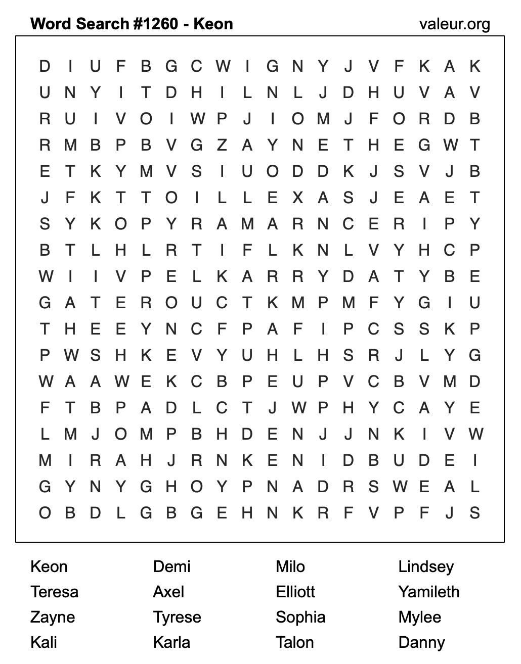 Word Search Puzzle with the name Keon #1260