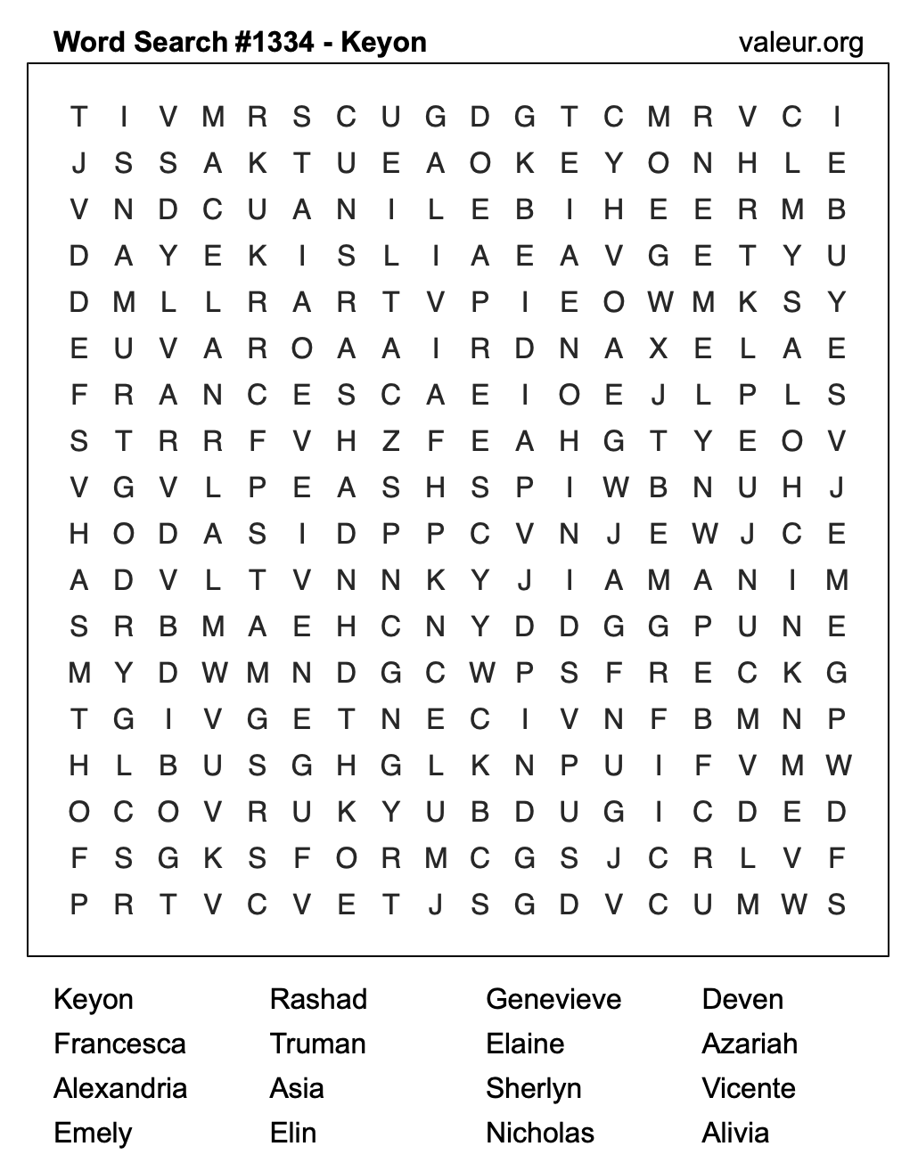 Word Search Puzzle with the name Keyon #1334