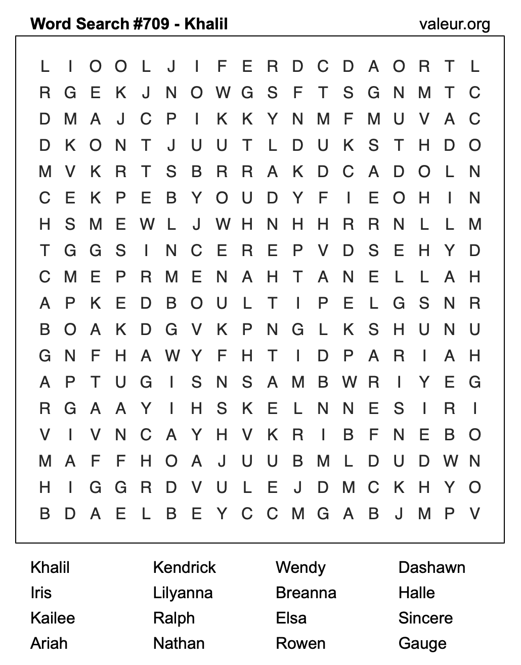 Word Search Puzzle with the name Khalil #709 Word Search Puzzle with the name Khalil #709