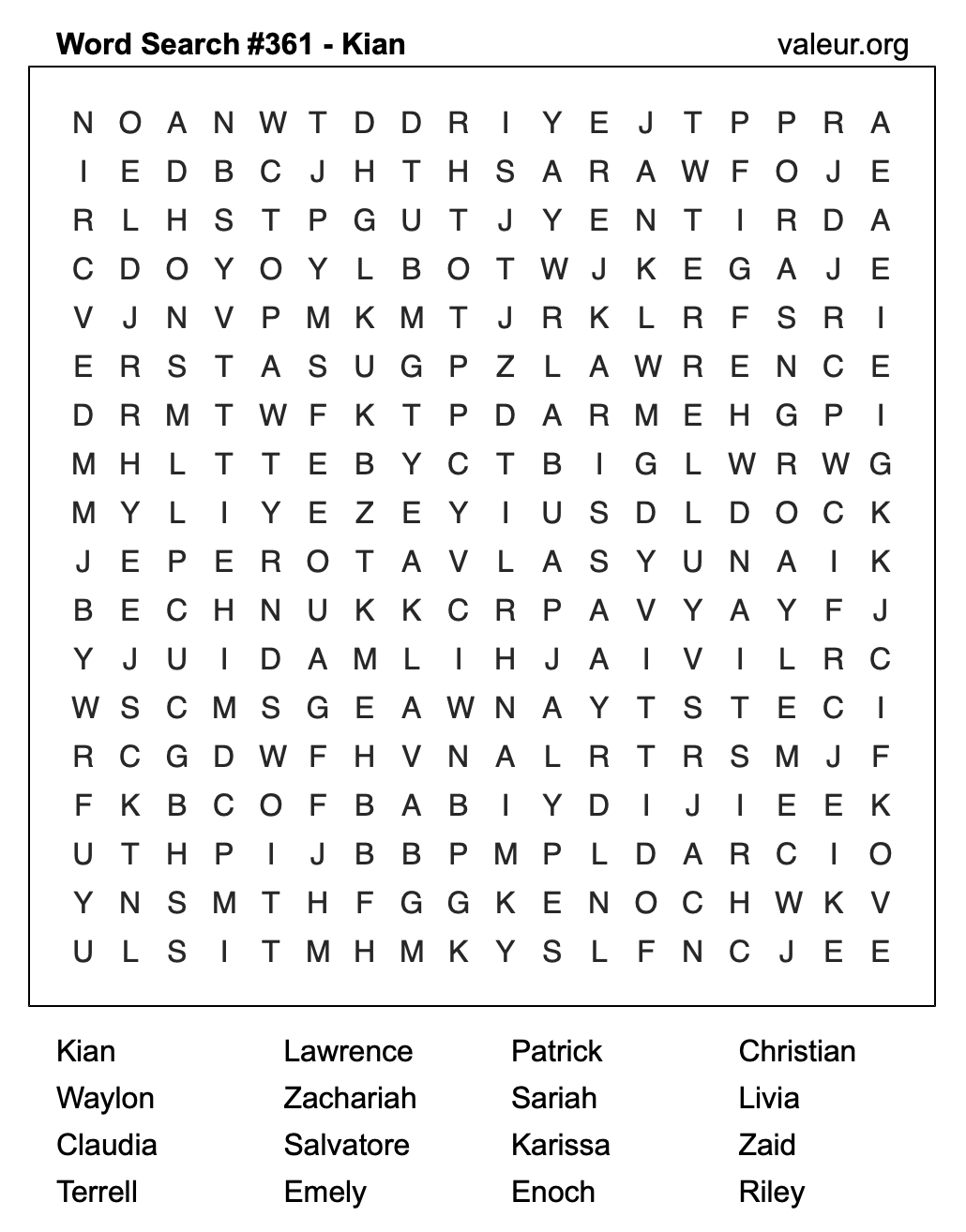 Word Search Puzzle with the name Kian #361