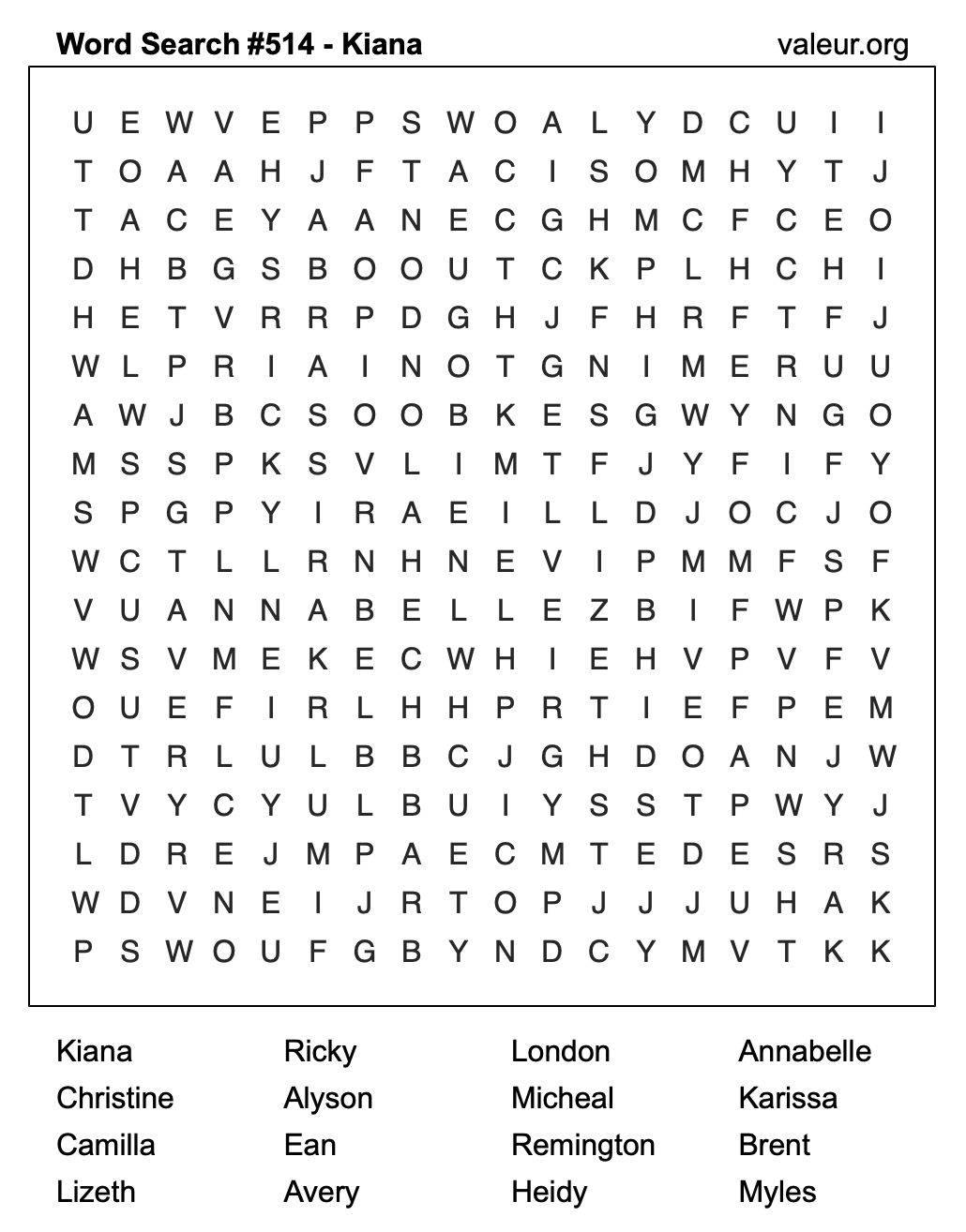 Word Search Puzzle with the name Kiana #514 Word Search Puzzle with the name Kiana #514