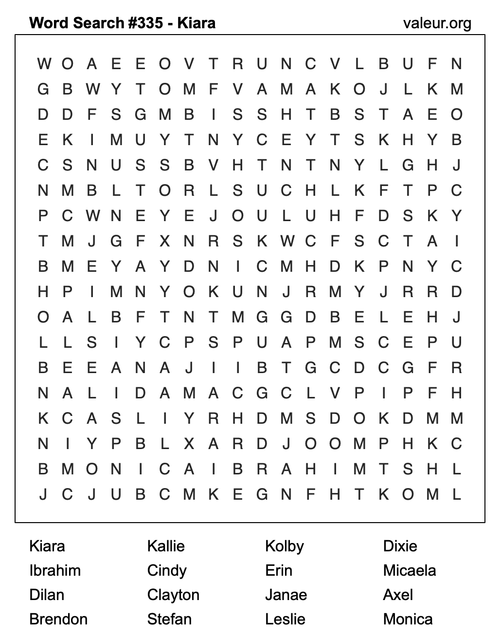 Word Search Puzzle with the name Kiara #335