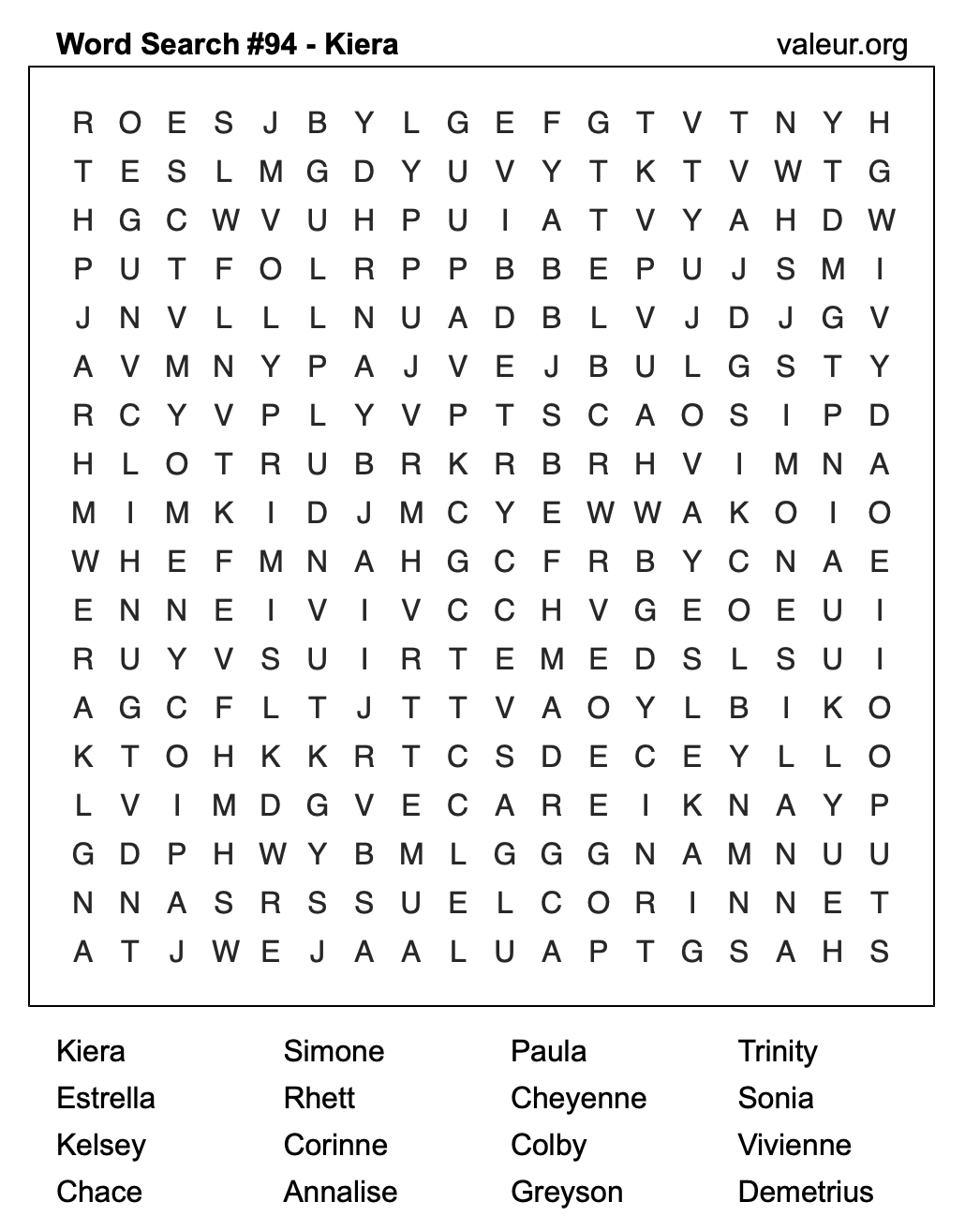 Word Search Puzzle with the name Kiera #94 Word Search Puzzle with the name Kiera #94