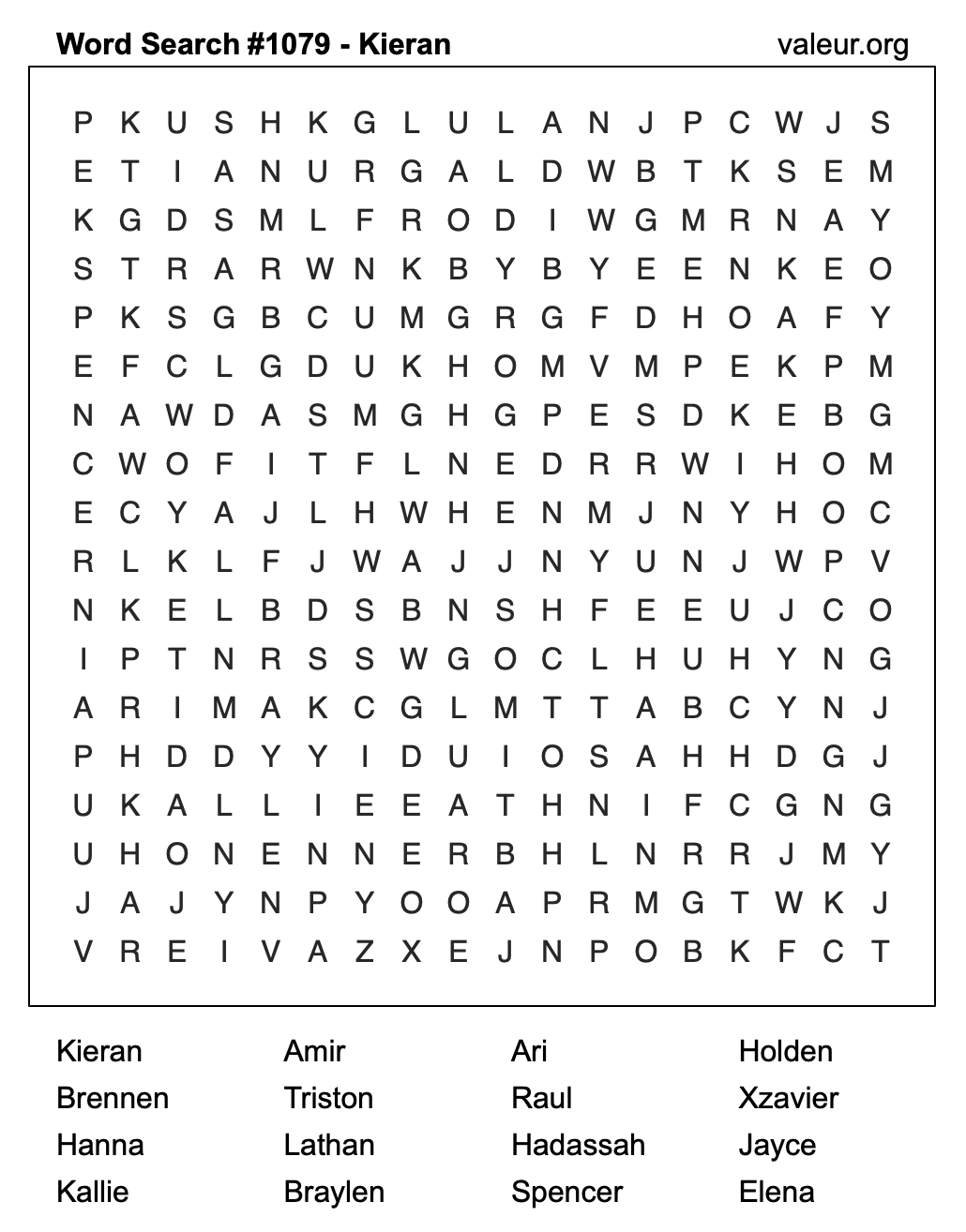 Word Search Puzzle with the name Kieran #1079