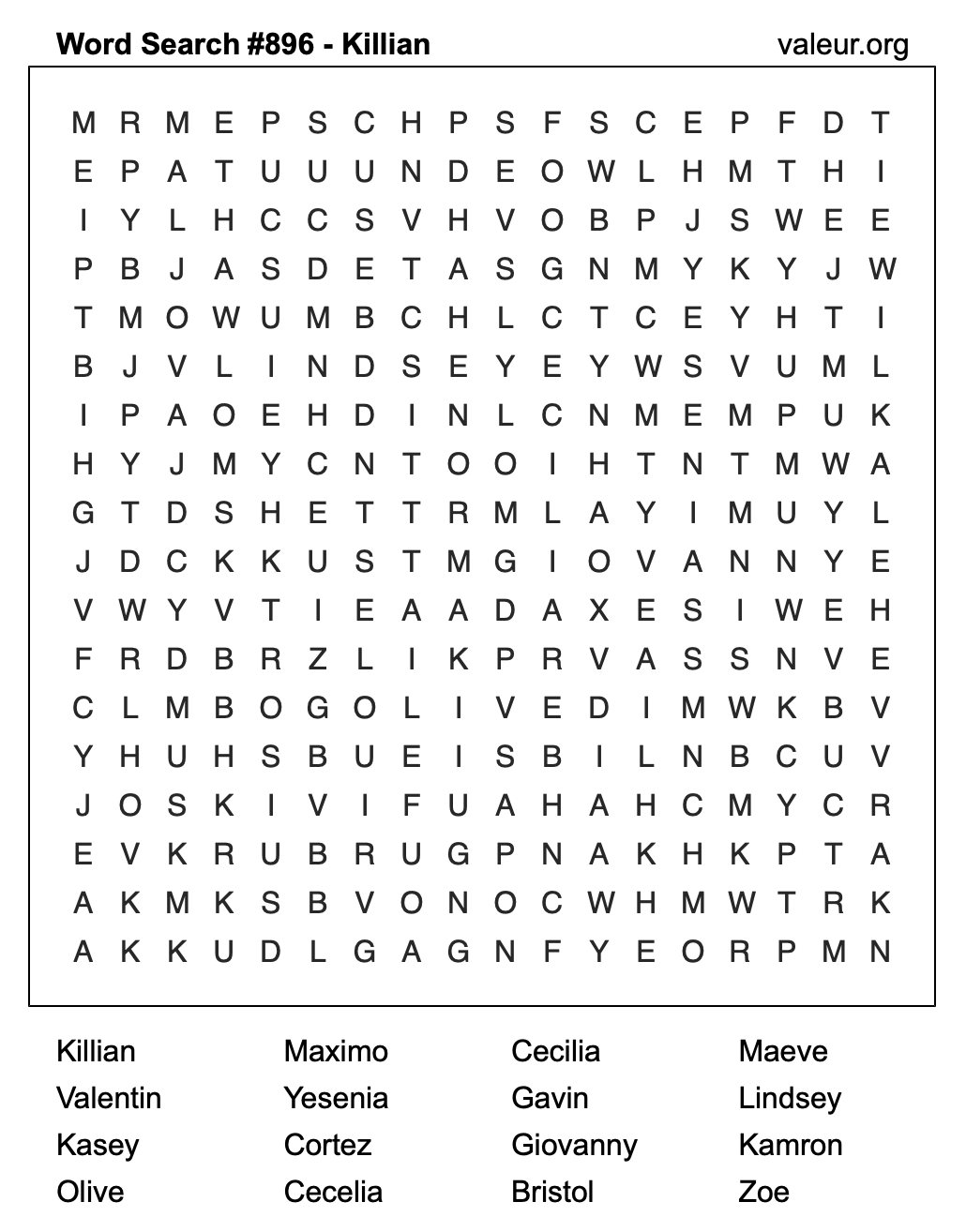 Word Search Puzzle with the name Killian #896