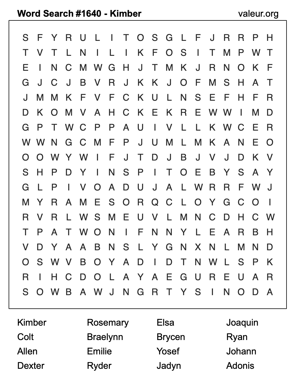 Word Search Puzzle with the name Kimber #1640 Word Search Puzzle with the name Kimber #1640