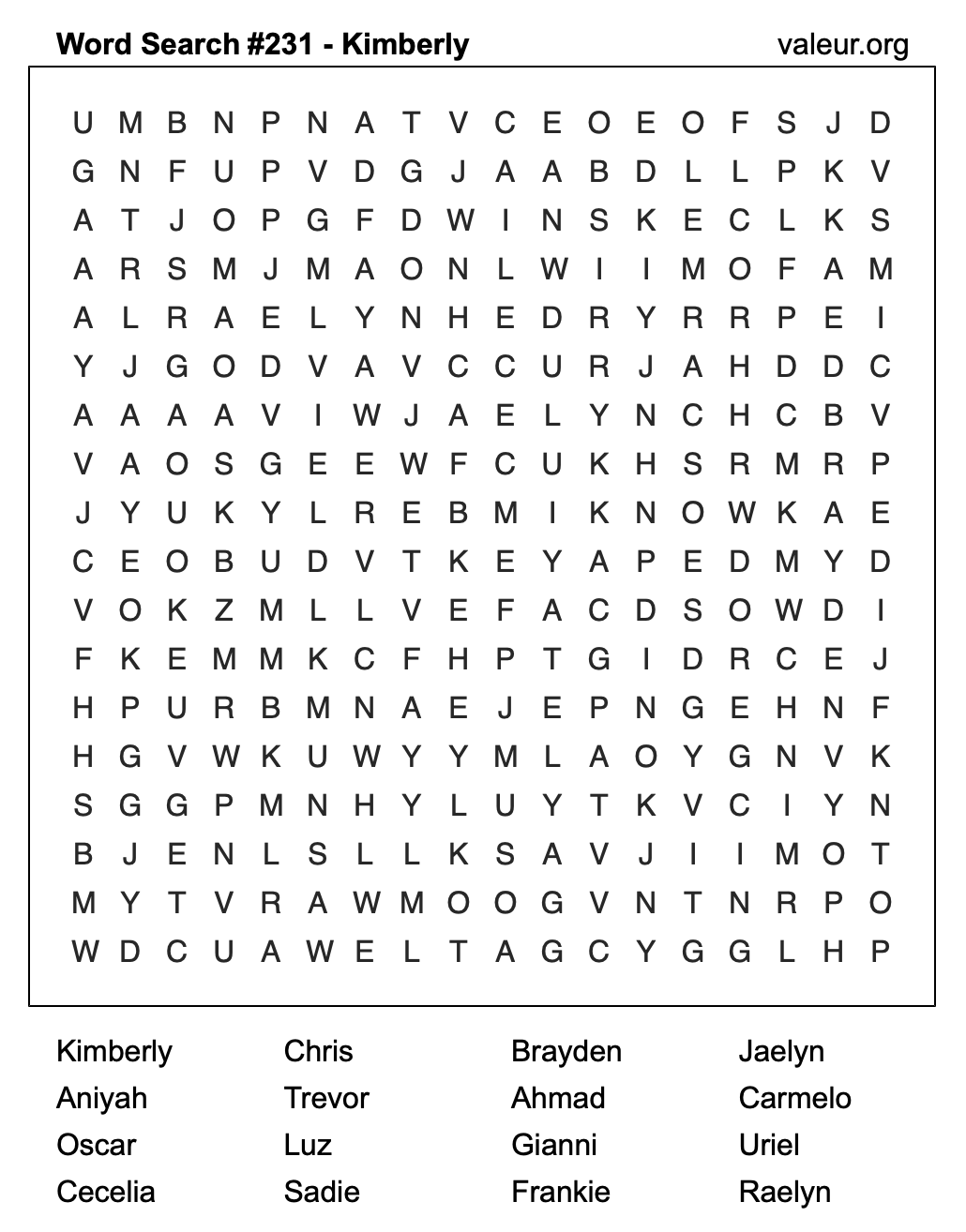 Word Search Puzzle with the name Kimberly #231