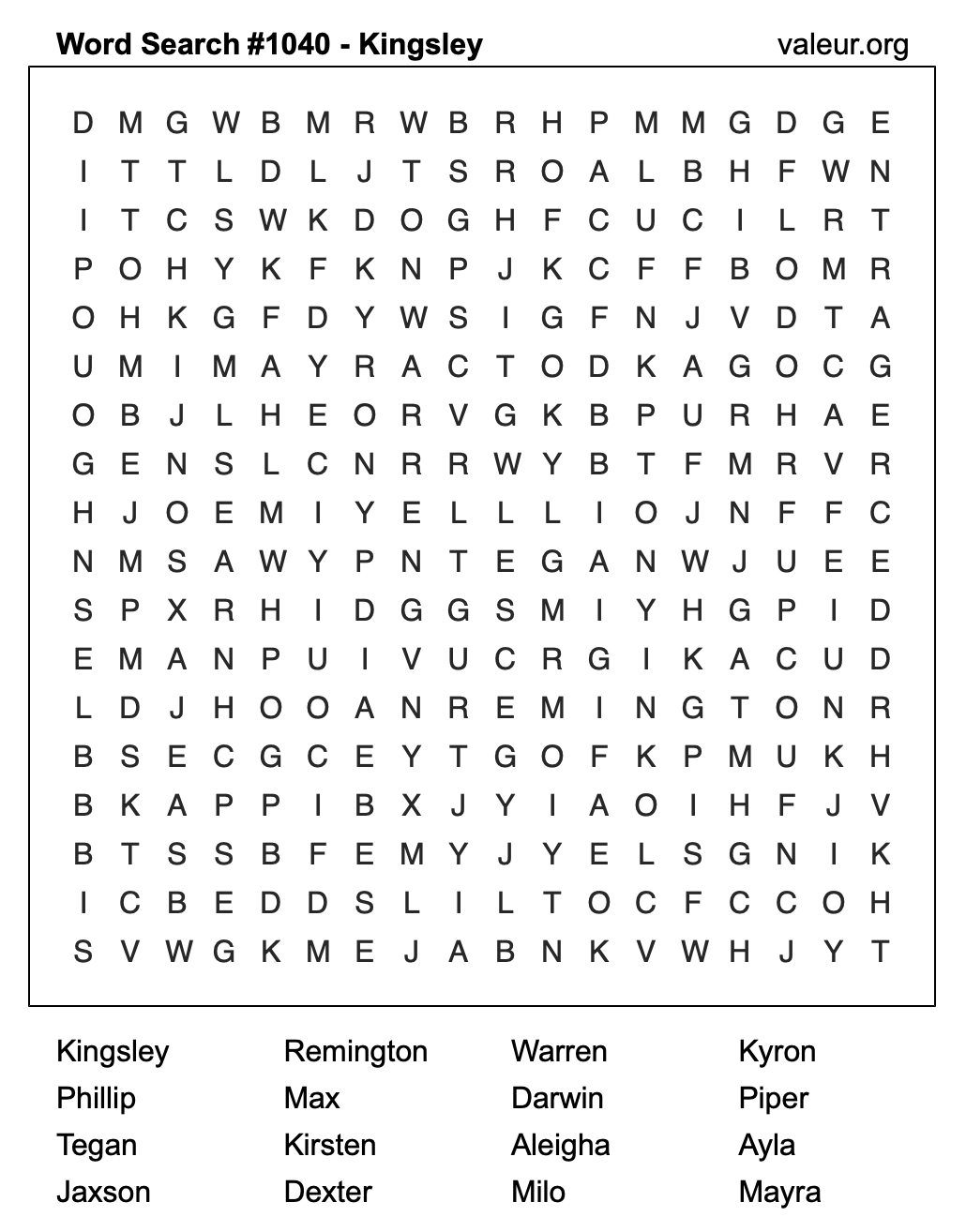 Word Search Puzzle with the name Kingsley #1040