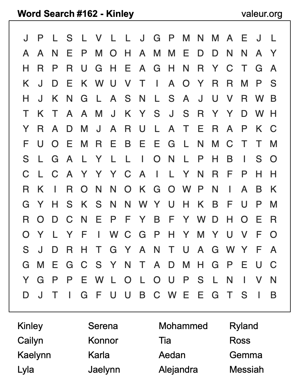 Word Search Puzzle with the name Kinley #162