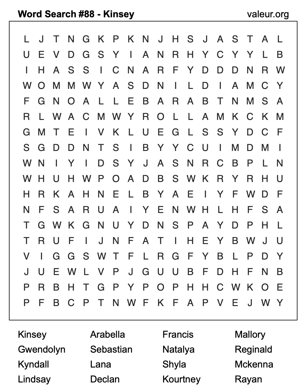 Word Search Puzzle with the name Kinsey #88 Word Search Puzzle with the name Kinsey #88