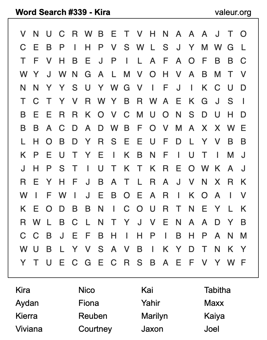 Word Search Puzzle with the name Kira #339