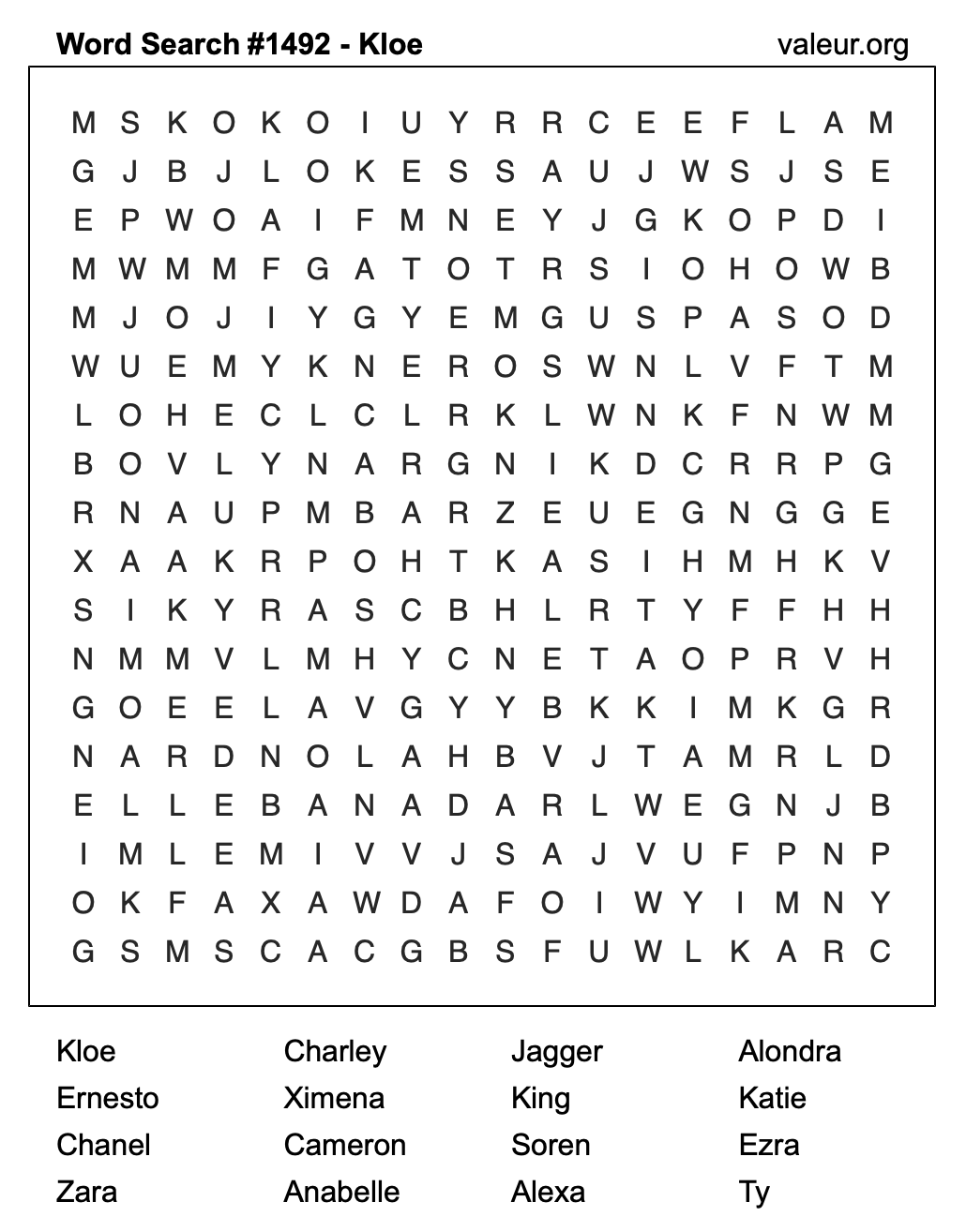 Word Search Puzzle with the name Kloe #1492