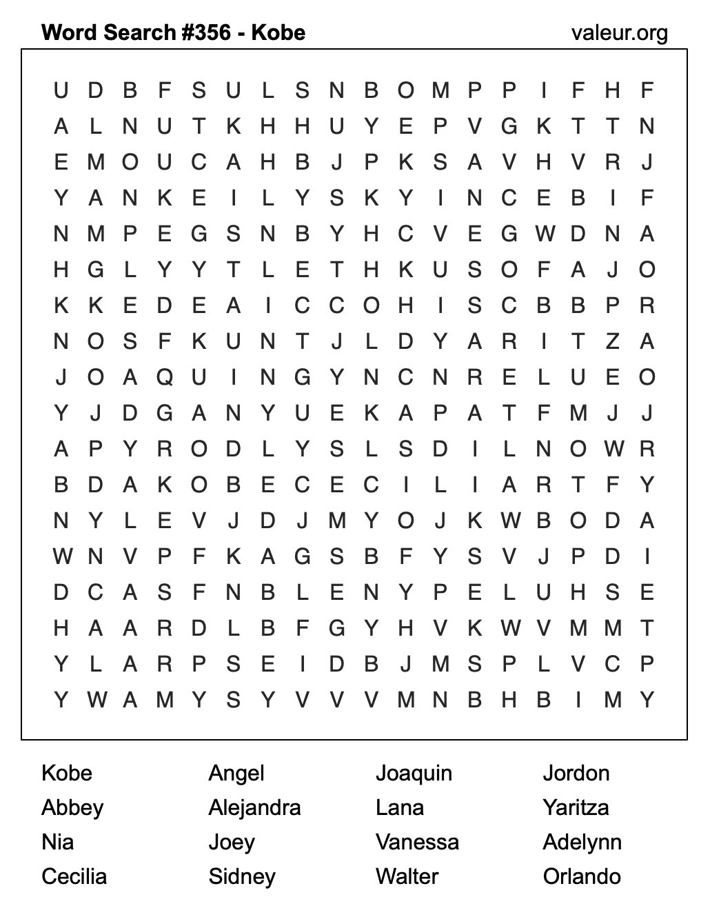 Word Search Puzzle with the name Kobe #356 Word Search Puzzle with the name Kobe #356