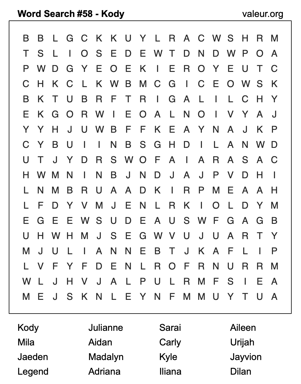 Word Search Puzzle with the name Kody #58 Word Search Puzzle with the name Kody #58