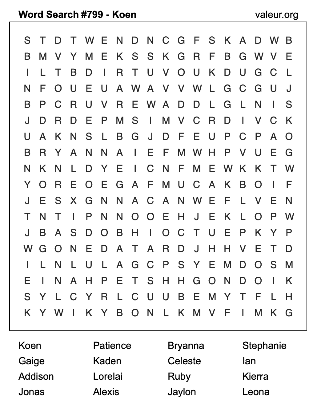 Word Search Puzzle with the name Koen #799
