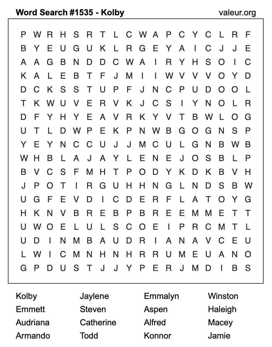 Word Search Puzzle with the name Kolby #1535