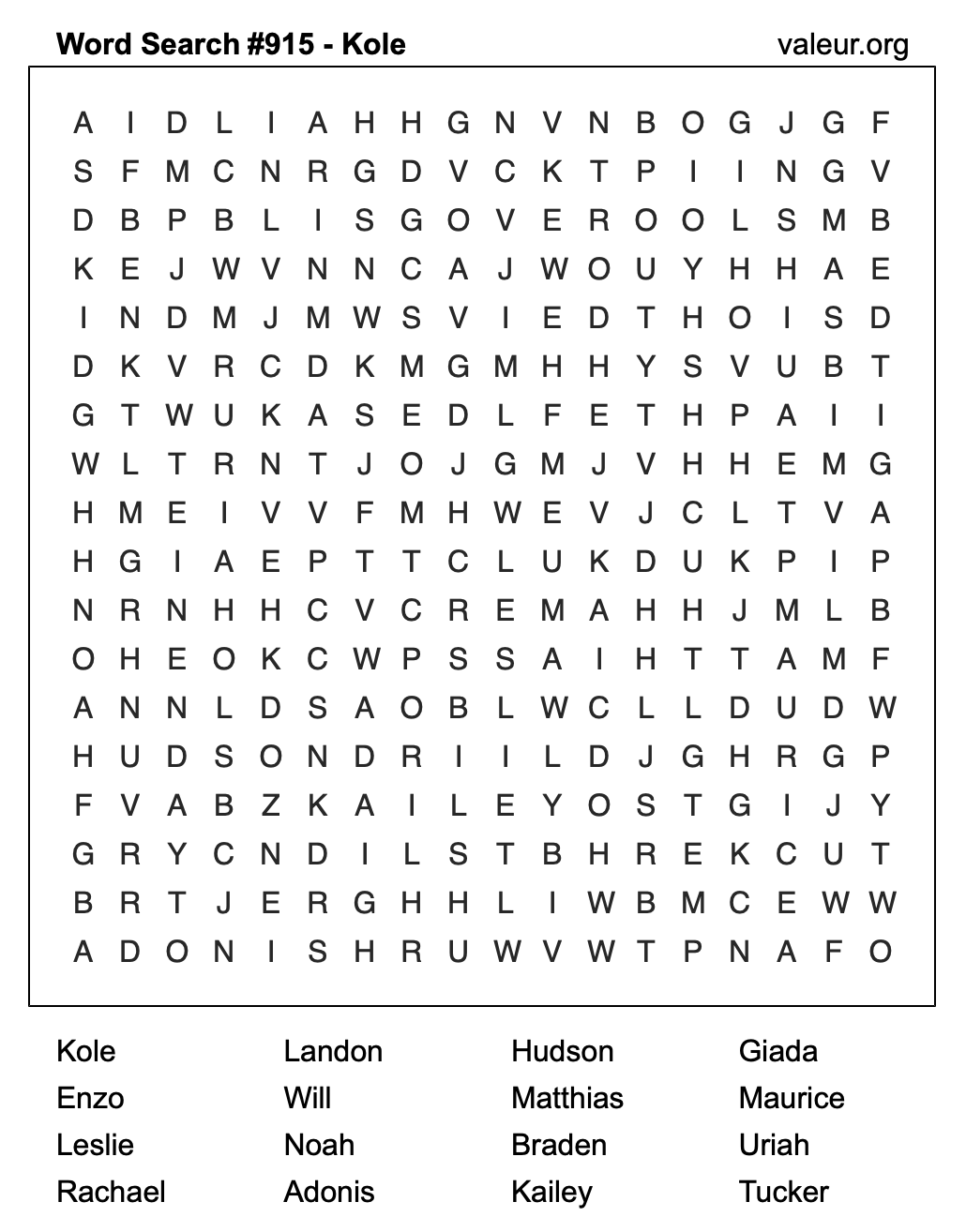 Word Search Puzzle with the name Kole #915