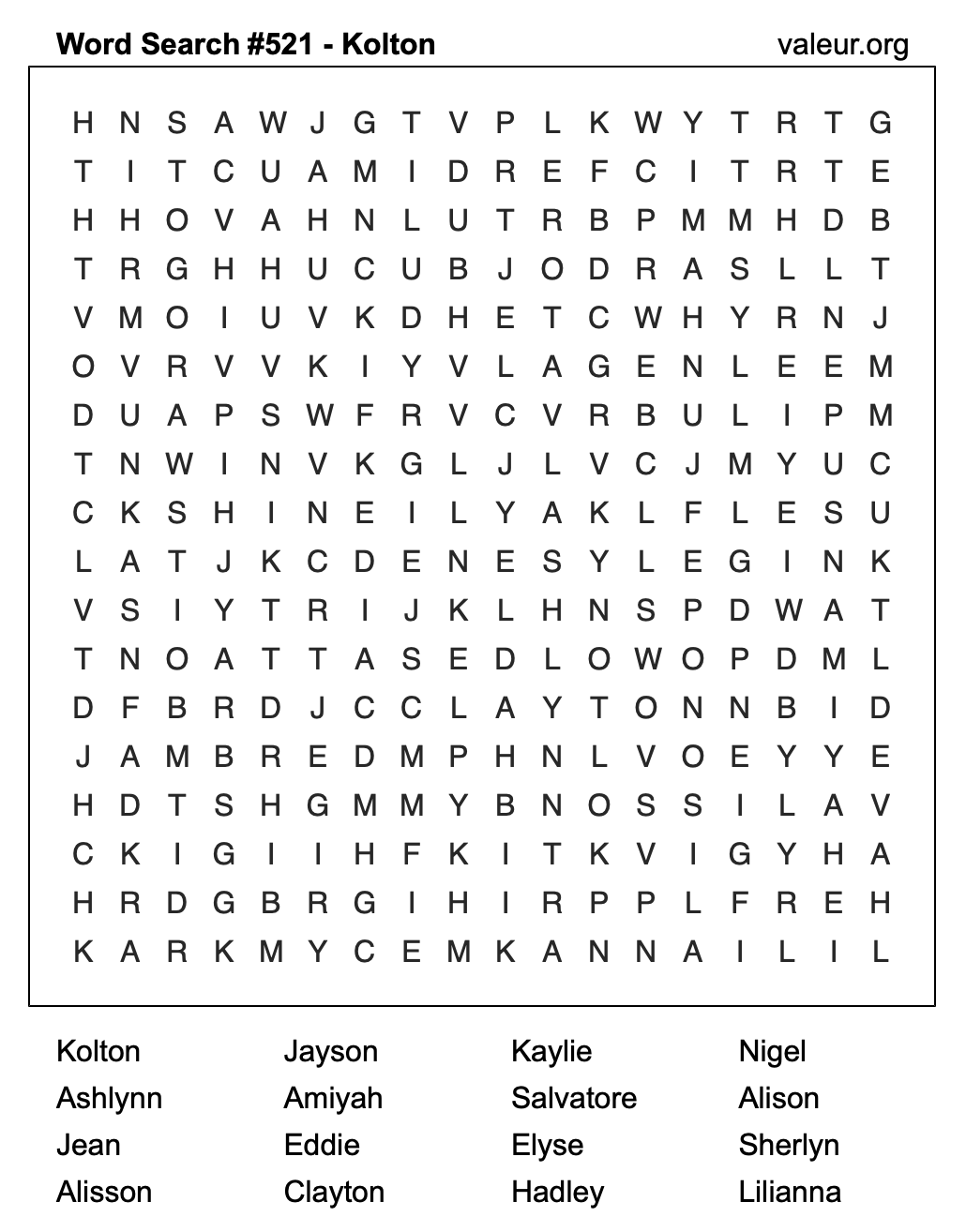 Word Search Puzzle with the name Kolton #521 Word Search Puzzle with the name Kolton #521