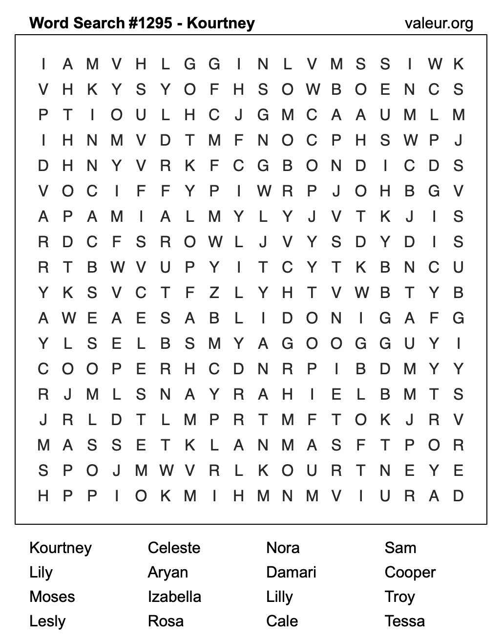 Word Search Puzzle with the name Kourtney #1295