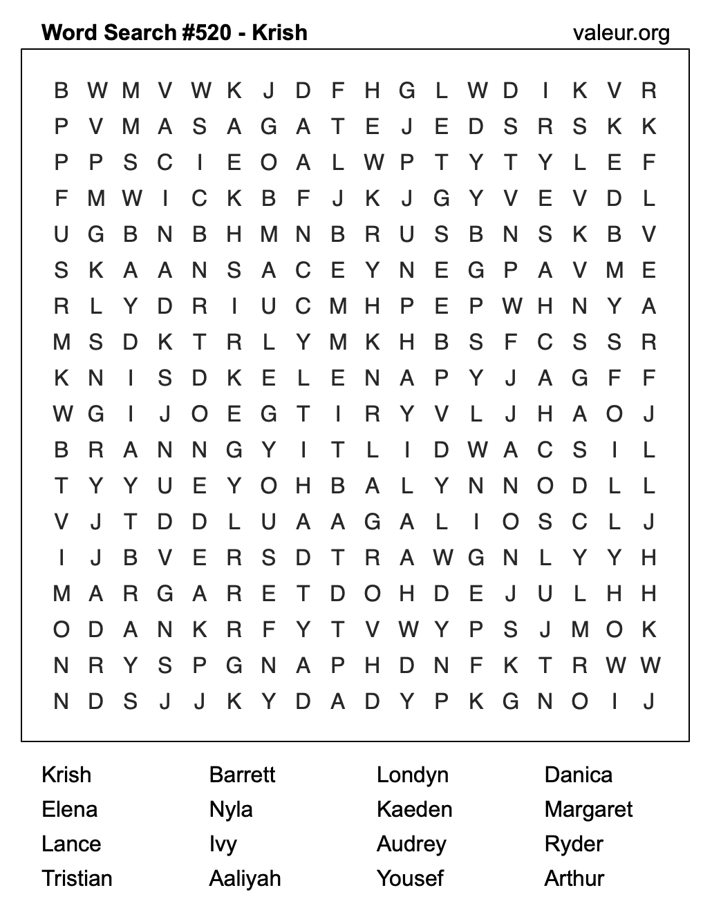 Word Search Puzzle with the name Krish #520