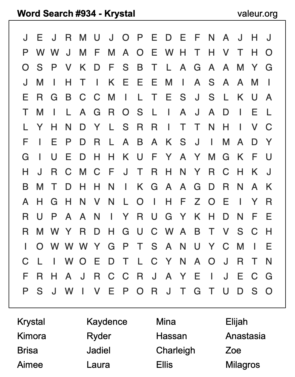 Word Search Puzzle with the name Krystal #934