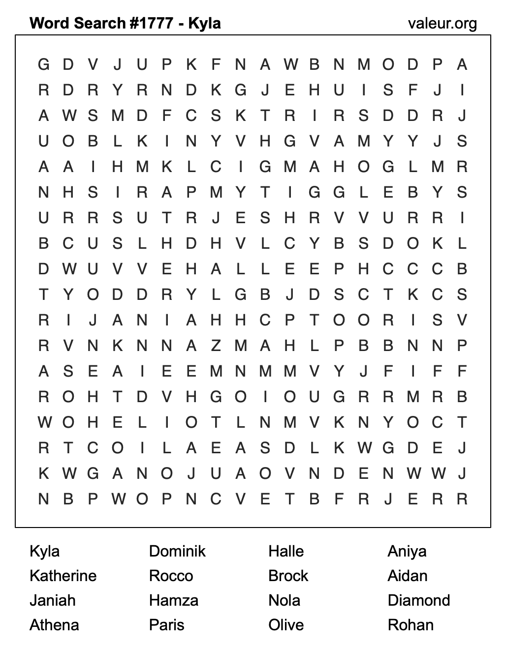 Word Search Puzzle with the name Kyla #1777