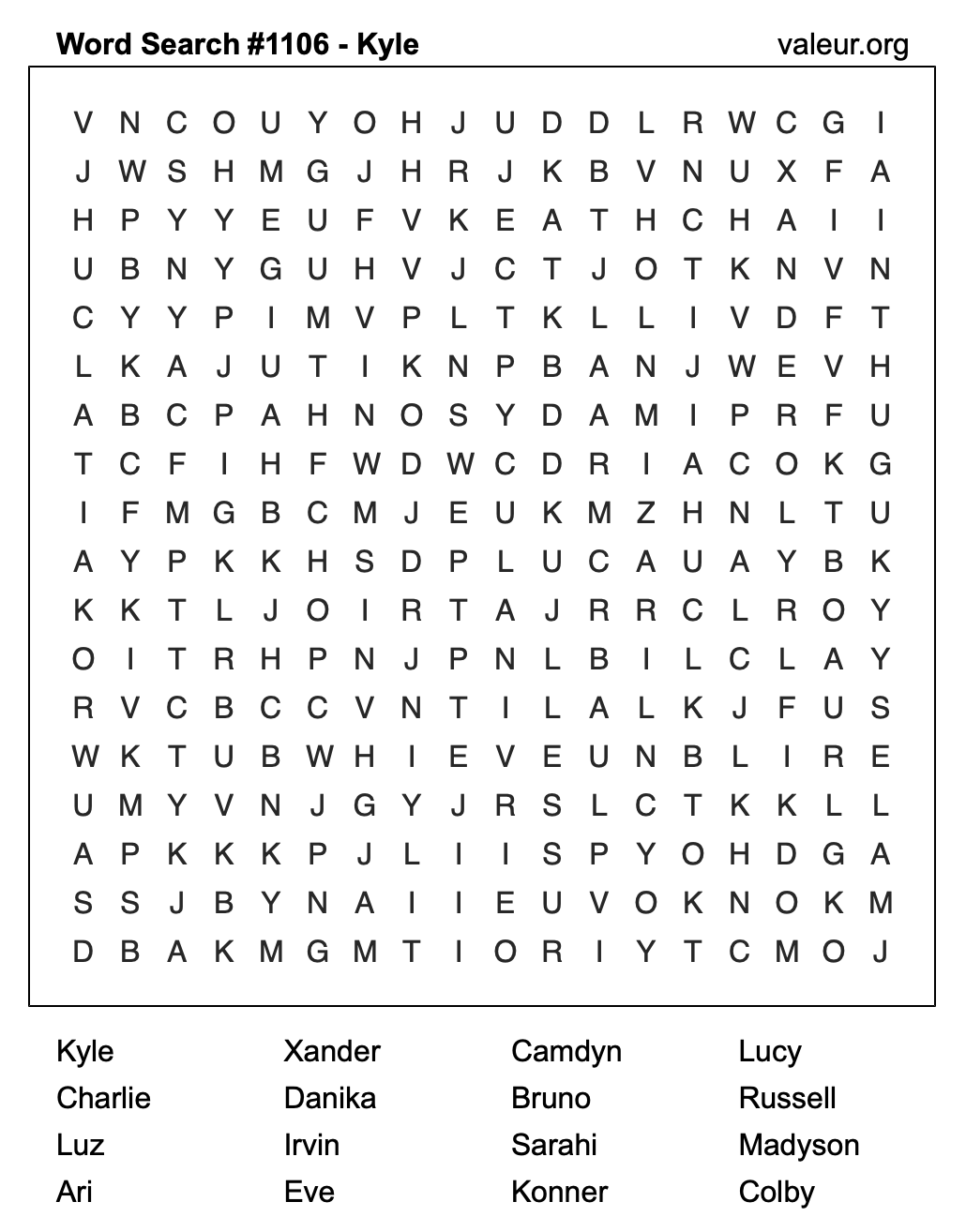 Word Search Puzzle with the name Kyle #1106