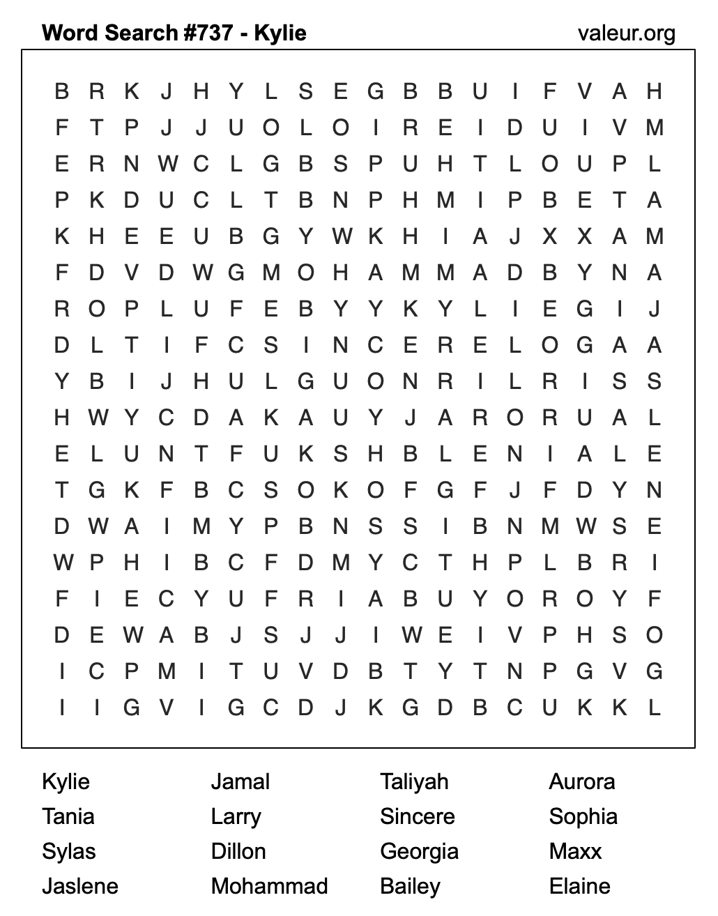 Word Search Puzzle with the name Kylie #737 Word Search Puzzle with the name Kylie #737