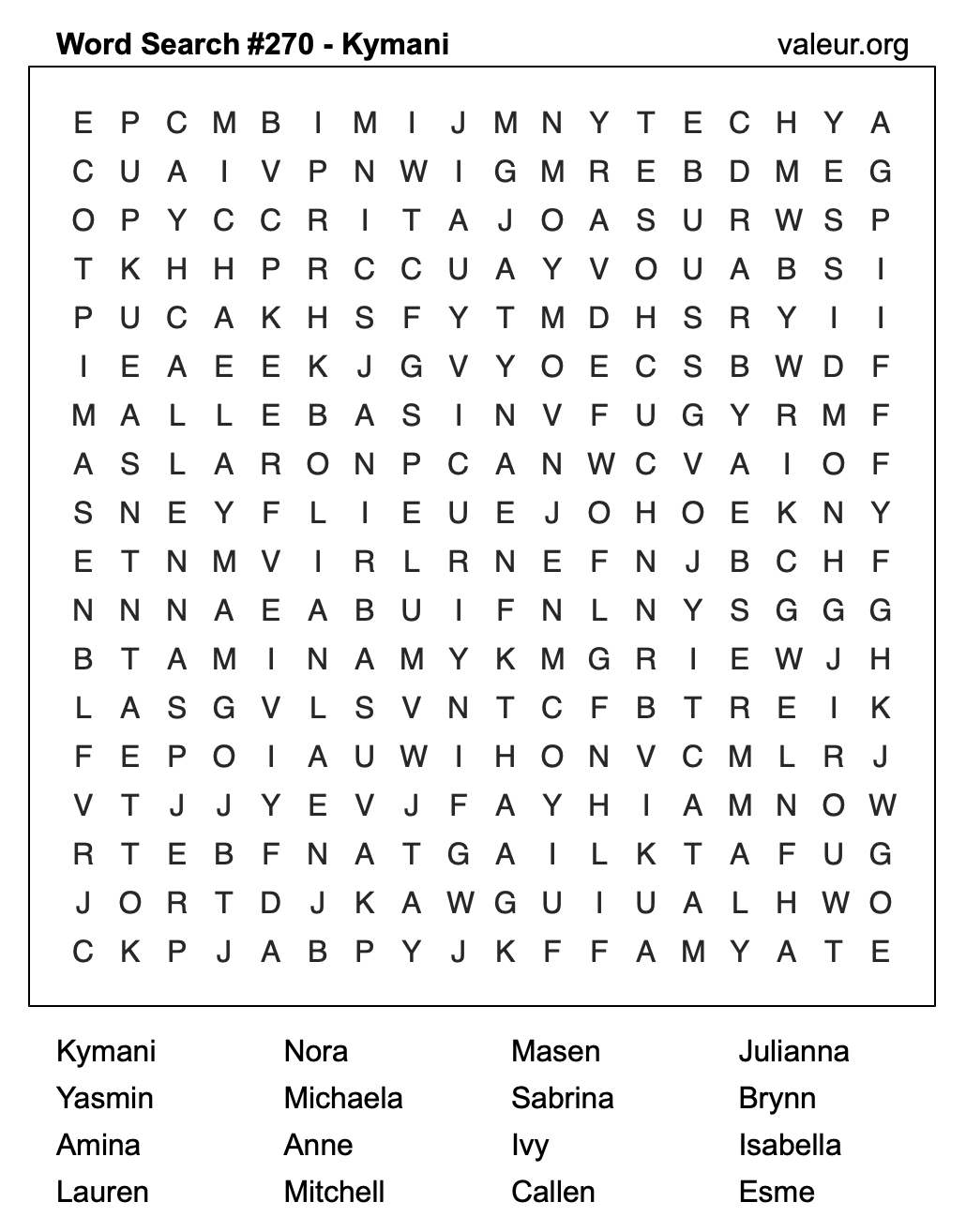 Word Search Puzzle with the name Kymani #270