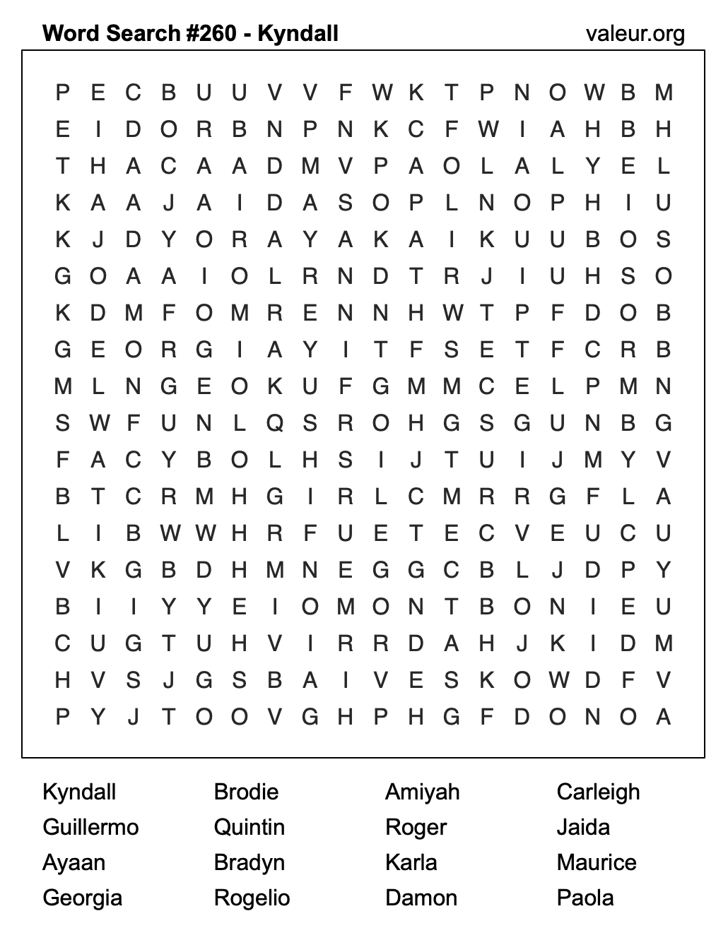 Word Search Puzzle with the name Kyndall #260