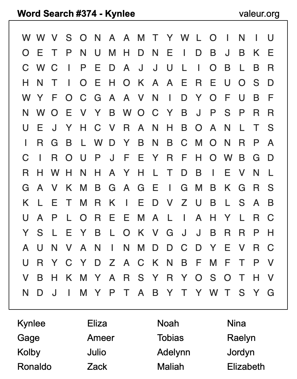 Word Search Puzzle with the name Kynlee #374 Word Search Puzzle with the name Kynlee #374
