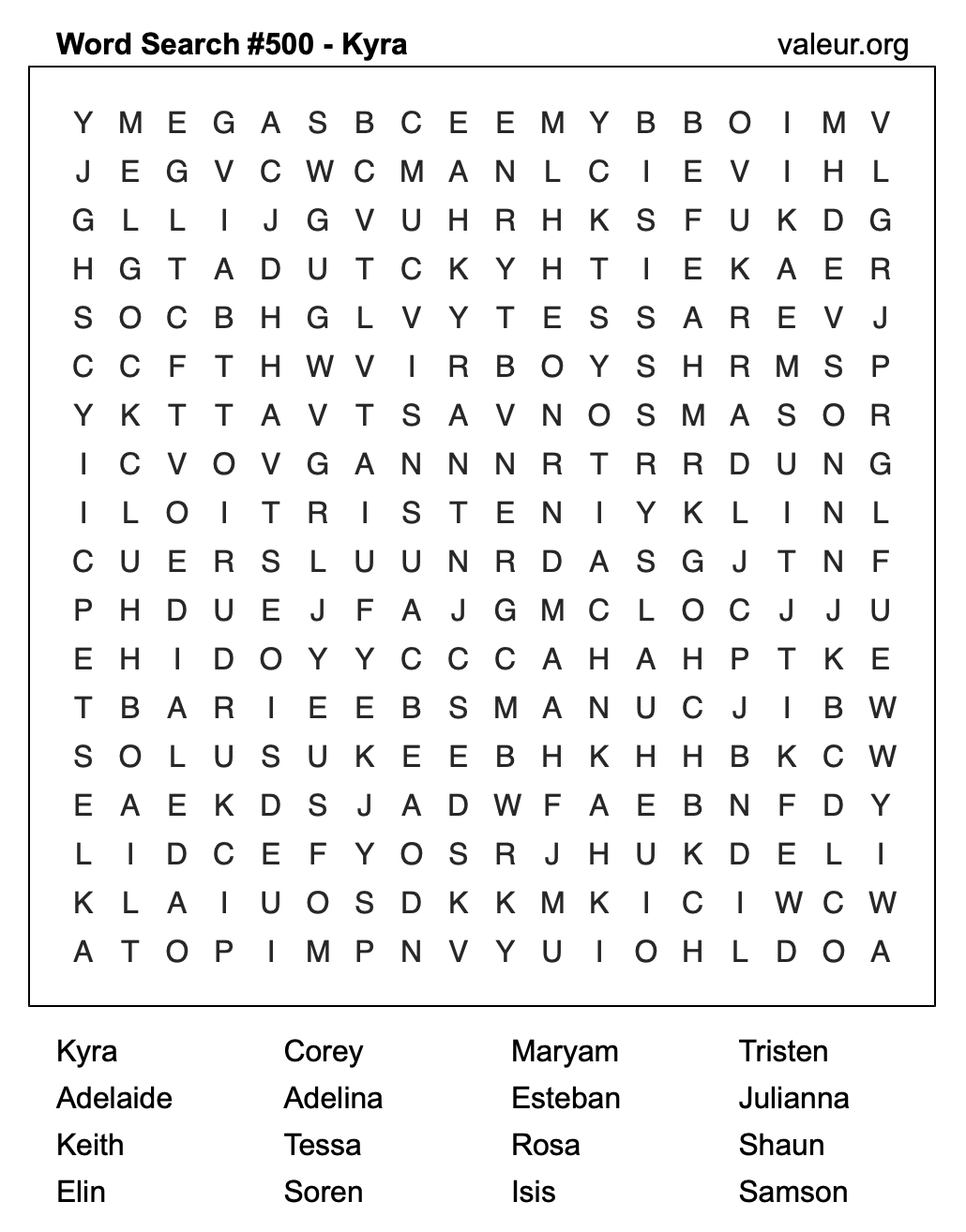 Word Search Puzzle with the name Kyra #500 Word Search Puzzle with the name Kyra #500