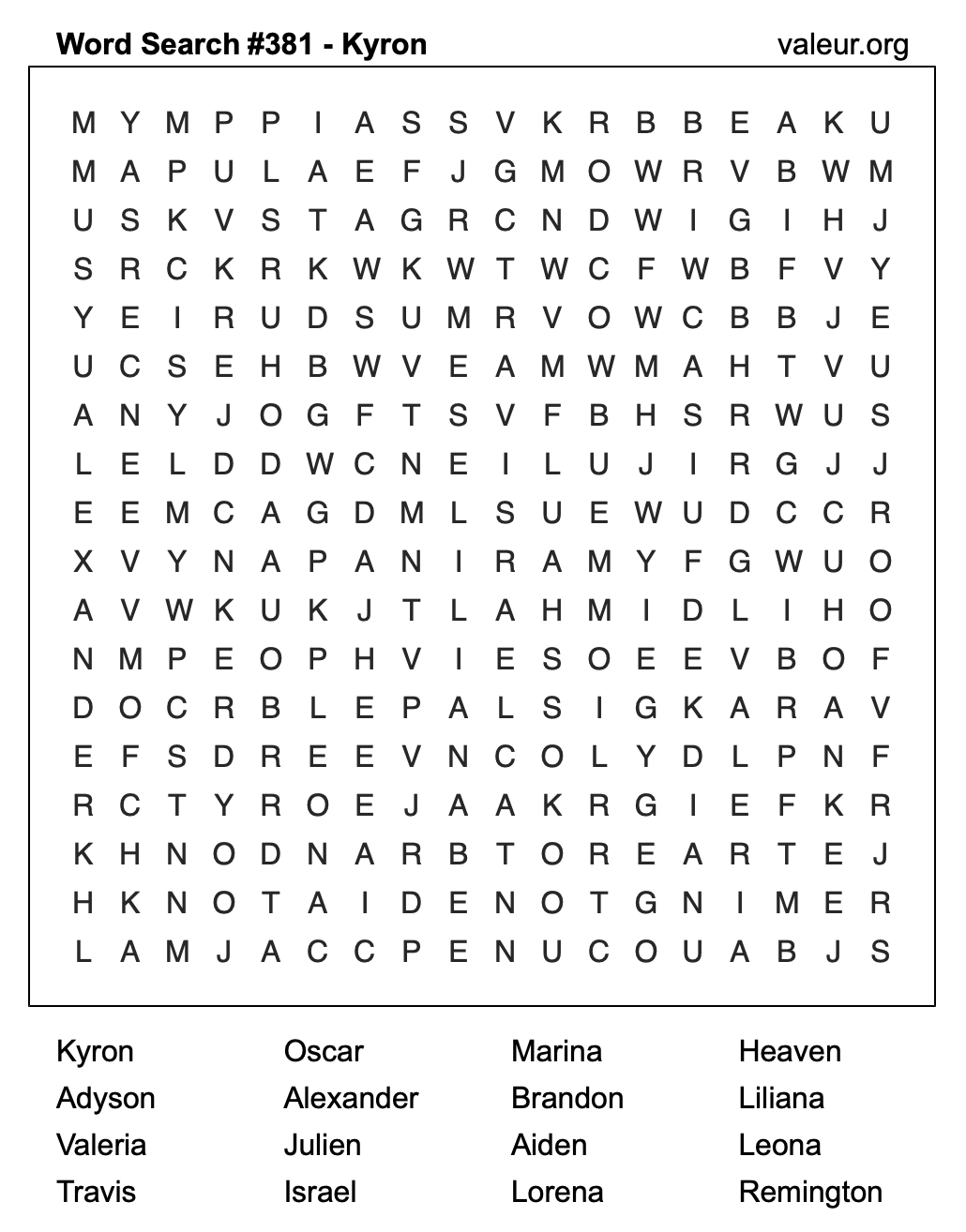 Word Search Puzzle with the name Kyron #381 Word Search Puzzle with the name Kyron #381