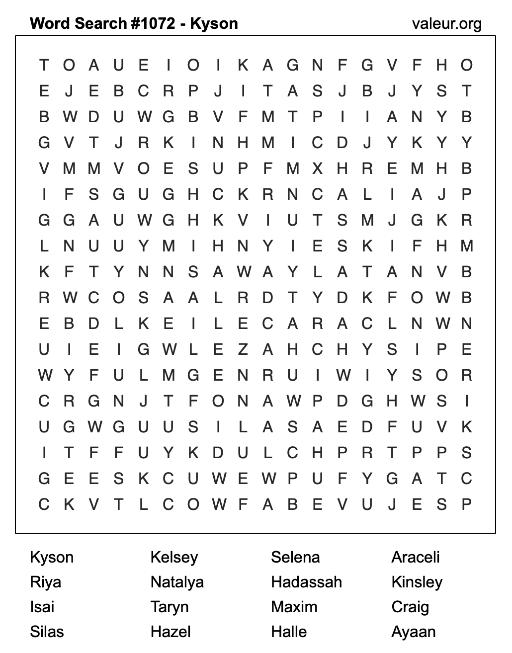 Word Search Puzzle with the name Kyson #1072