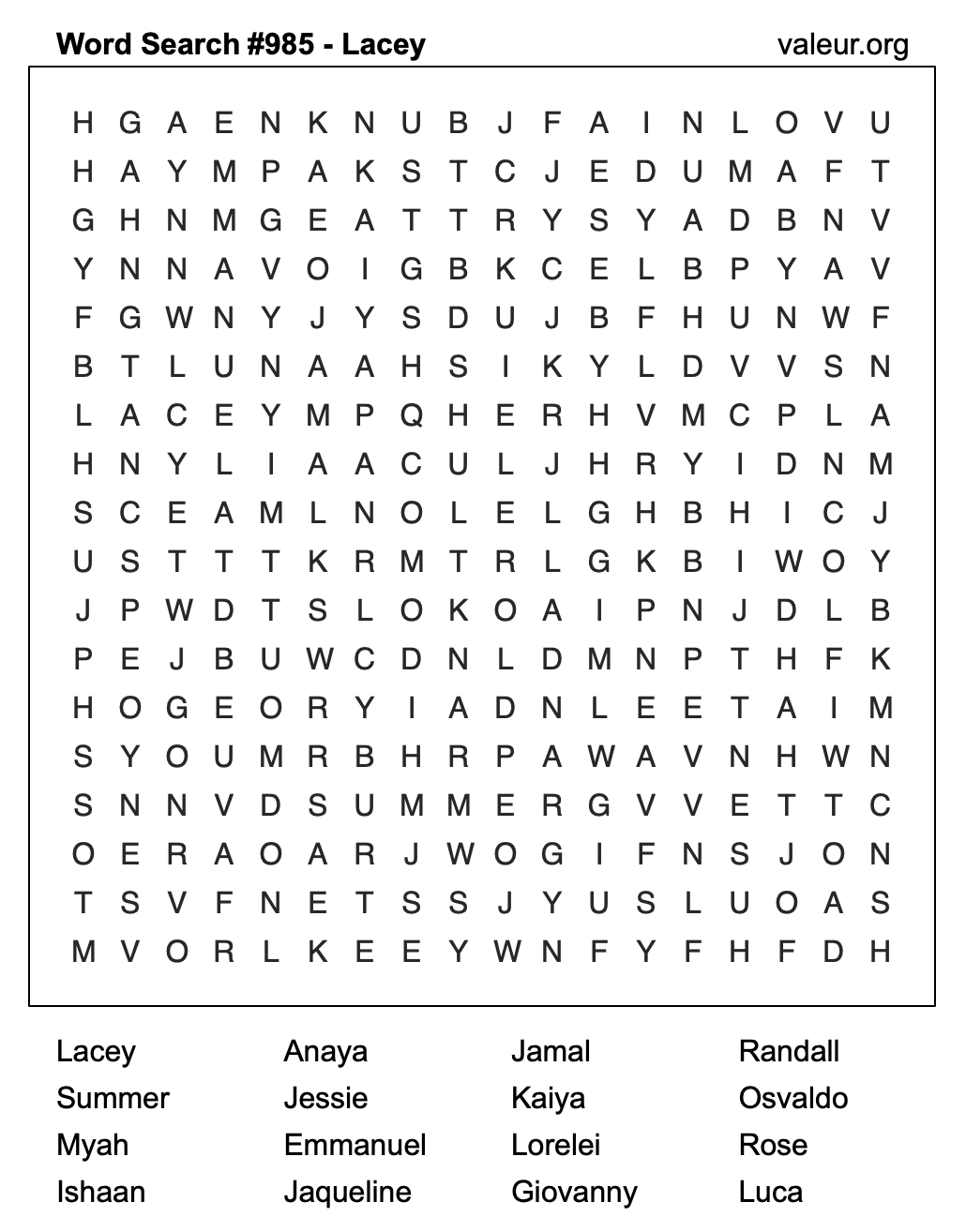 Word Search Puzzle with the name Lacey #985